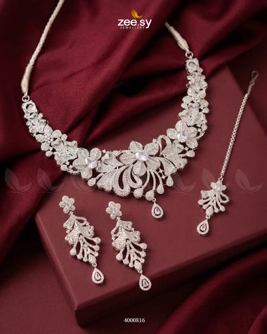 Elysian Floral Zirconia Necklace Set Silver White Necklace Sets - Zeesy Jewellery Pakistan | Premium Artificial & Imitation Jewellery