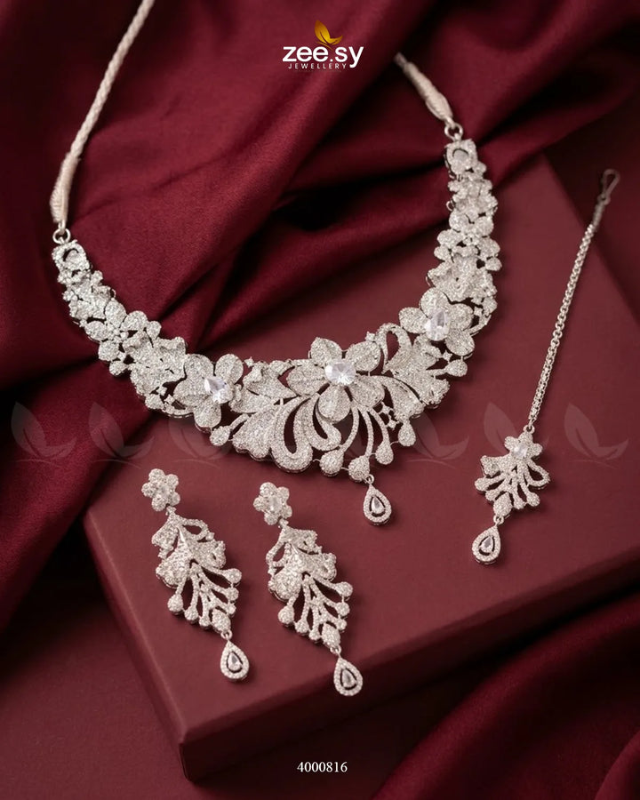 Elysian Floral Zirconia Necklace Set Silver White Necklace Sets - Zeesy Jewellery Pakistan | Premium Artificial & Imitation Jewellery