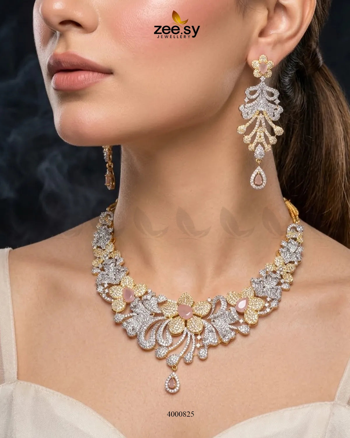 Elysian Floral Zirconia Necklace Set Necklace Sets - Zeesy Jewellery Pakistan | Premium Artificial & Imitation Jewellery