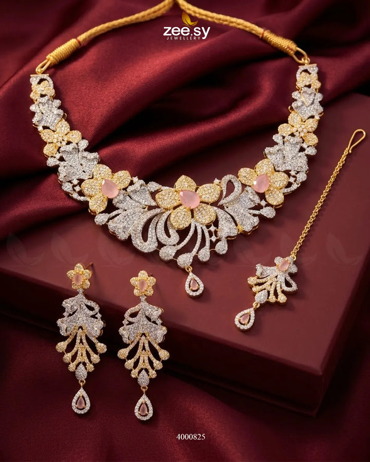 Elysian Floral Zirconia Necklace Set Mint Pink Necklace Sets - Zeesy Jewellery Pakistan | Premium Artificial & Imitation Jewellery