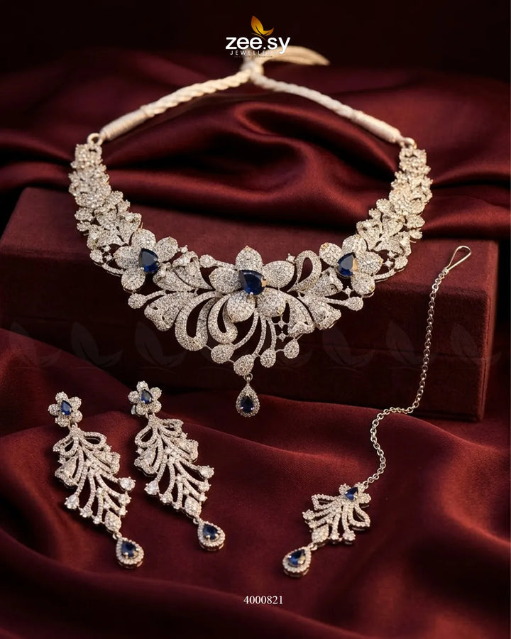 Elysian Floral Zirconia Necklace Set Silver Blue Necklace Sets - Zeesy Jewellery Pakistan | Premium Artificial & Imitation Jewellery