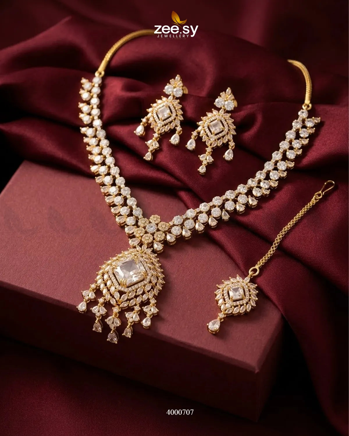 Ember Zircon Necklace Set - Golden Golden White Necklace Sets - Zeesy Jewellery Pakistan | Premium Artificial & Imitation Jewellery