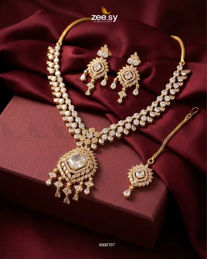 Ember Zircon Necklace Set - Golden Golden White Necklace Sets - Zeesy Jewellery Pakistan | Premium Artificial & Imitation Jewellery
