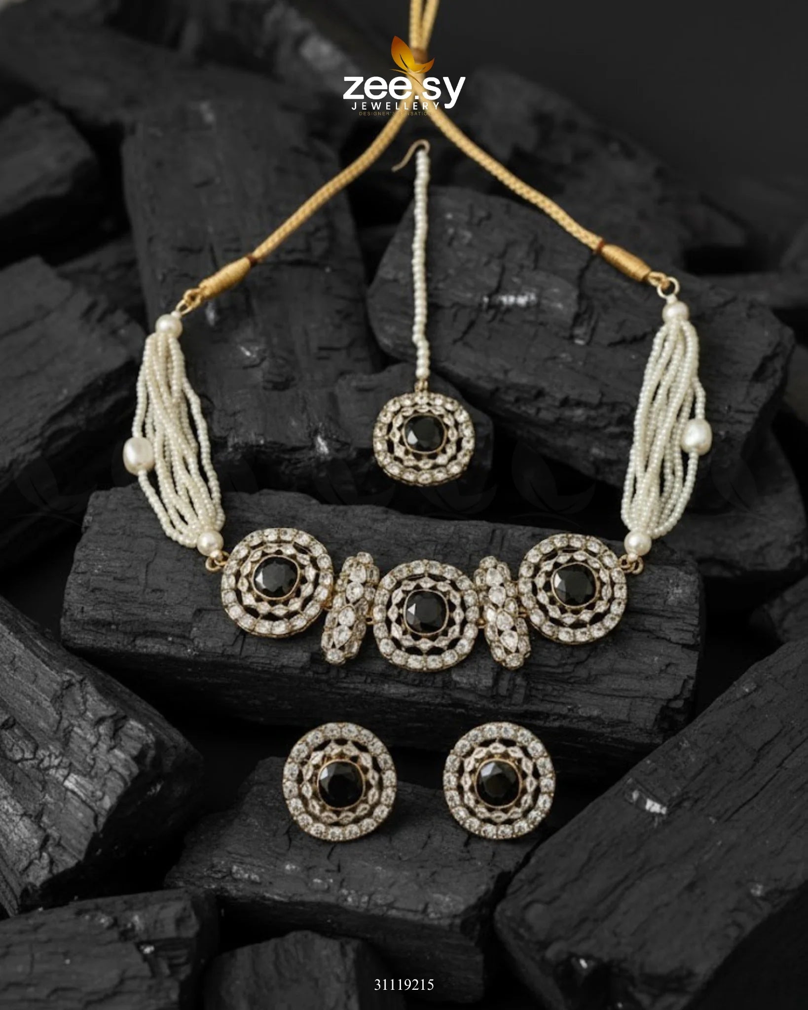 Equinox Stone Pearl Choker Set Golden Black - Zeesy Jewellery