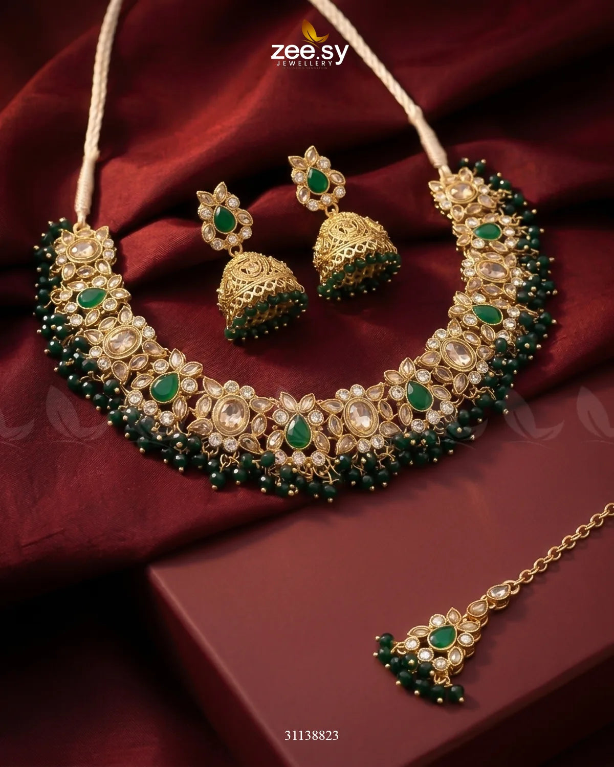 Ethereal Gemstone Beads Necklace Set Golden Green Necklace Sets - Zeesy Jewellery Pakistan | Premium Artificial & Imitation Jewellery