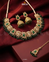Ethereal Gemstone Beads Necklace Set Golden Green Necklace Sets - Zeesy Jewellery Pakistan | Premium Artificial & Imitation Jewellery