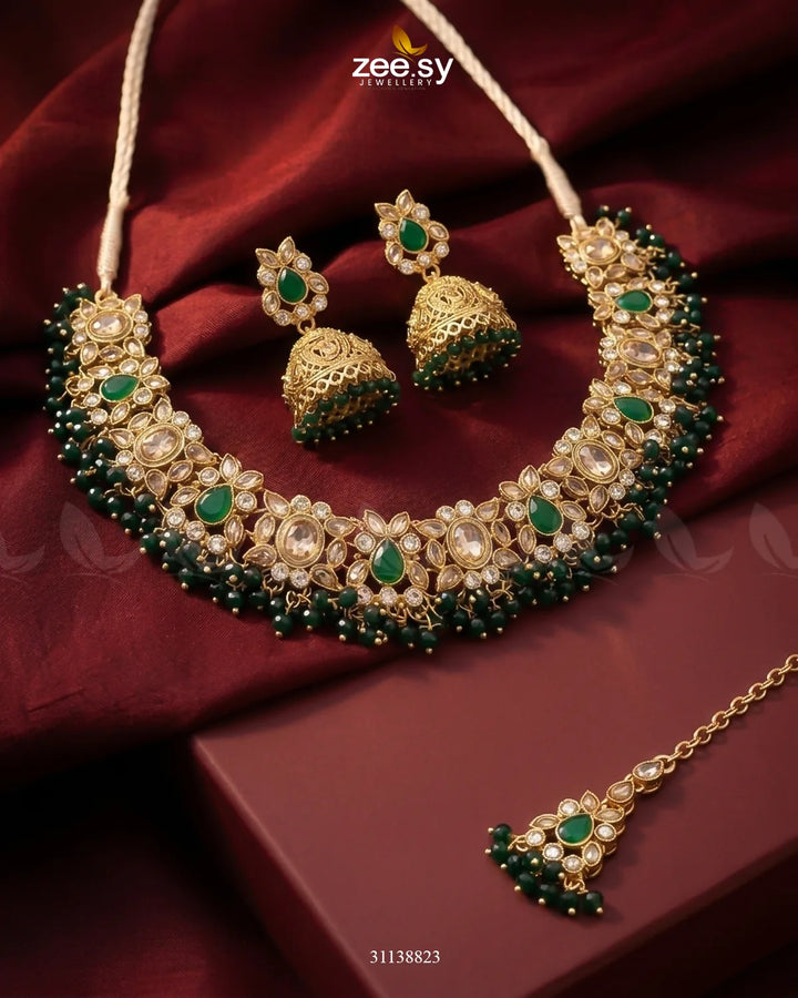 Ethereal Gemstone Beads Necklace Set Golden Green Necklace Sets - Zeesy Jewellery Pakistan | Premium Artificial & Imitation Jewellery