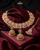 Ethereal Gemstone Beads Necklace Set Golden Mint Pink Necklace Sets - Zeesy Jewellery Pakistan | Premium Artificial & Imitation Jewellery