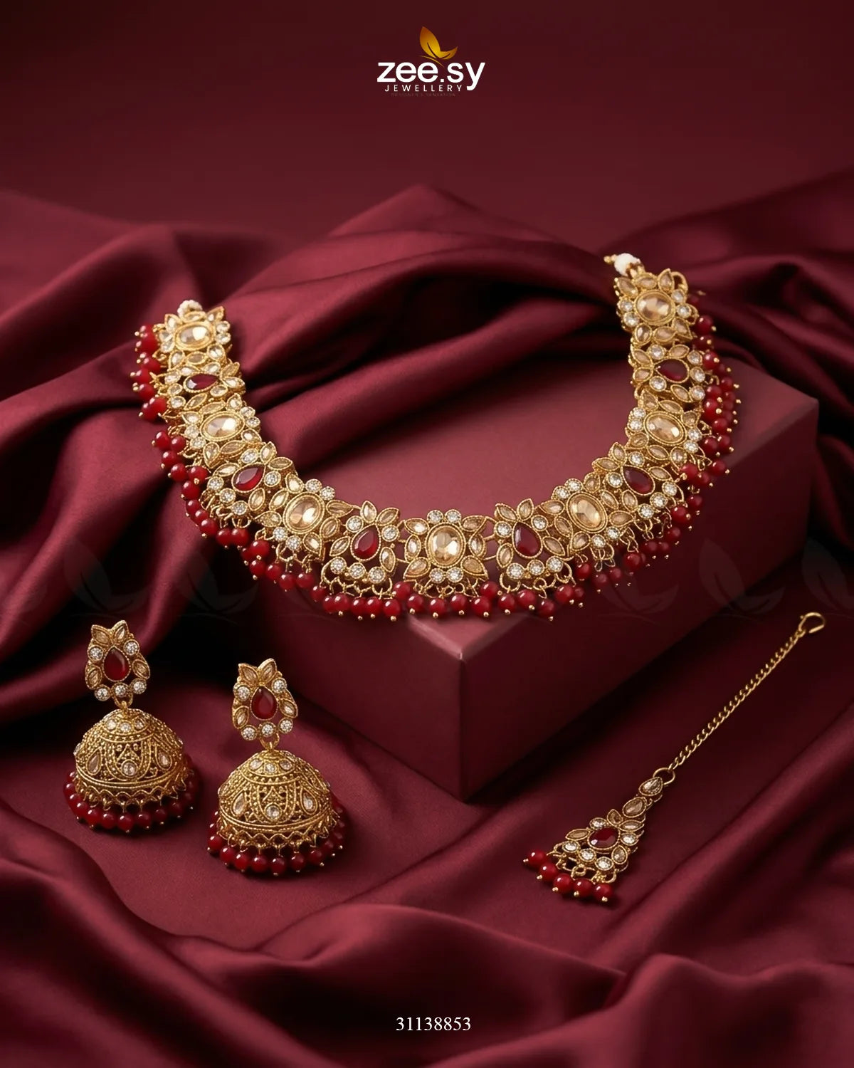 Ethereal Gemstone Beads Necklace Set Golden Red Necklace Sets - Zeesy Jewellery Pakistan | Premium Artificial & Imitation Jewellery