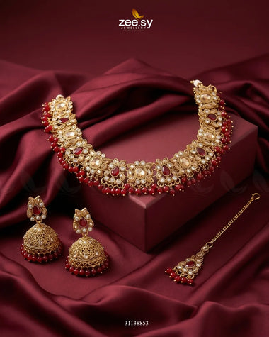 Ethereal Gemstone Beads Necklace Set Golden Red Necklace Sets - Zeesy Jewellery Pakistan | Premium Artificial & Imitation Jewellery