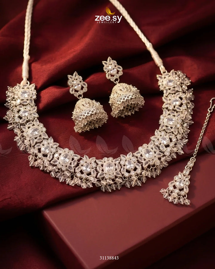 Ethereal Gemstone Beads Necklace Set Silver White Necklace Sets - Zeesy Jewellery Pakistan | Premium Artificial & Imitation Jewellery