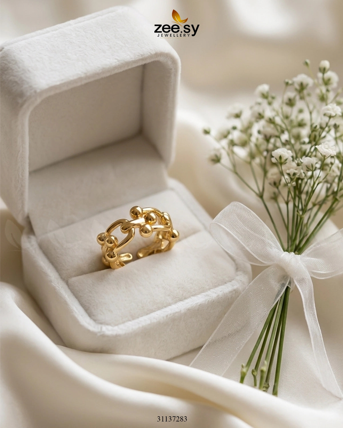 Ethereal Golden Bud Sculpted Ring Finger Ring - Zeesy Jewellery Pakistan | Premium Artificial & Imitation Jewellery