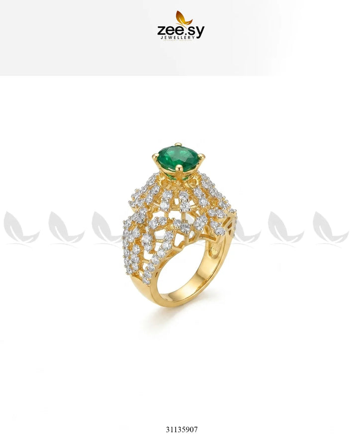 Exquisite Bold Cluster Ring Golden Silver & Green Finger Ring - Zeesy Jewellery Pakistan | Premium Artificial & Imitation Jewellery