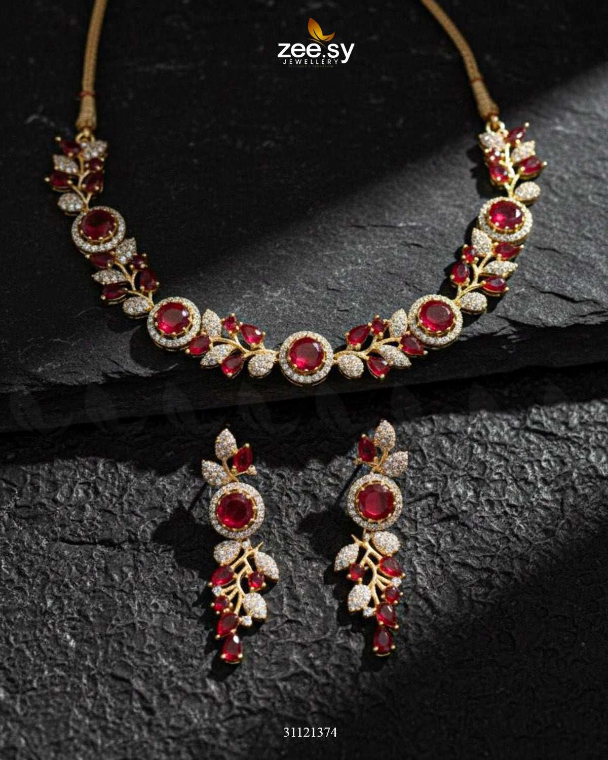 Exquisite Floral Necklace Set Golden Red - Zeesy Jewellery