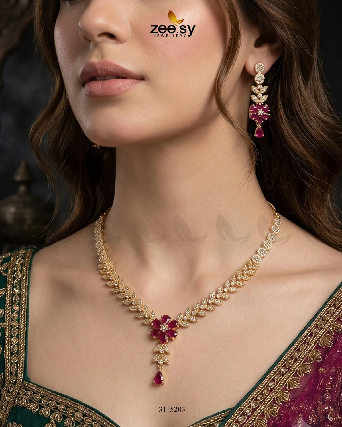 Rosavelle Leaf Zirconia Necklace Set Necklace Sets - Zeesy Jewellery Pakistan | Premium Artificial & Imitation Jewellery