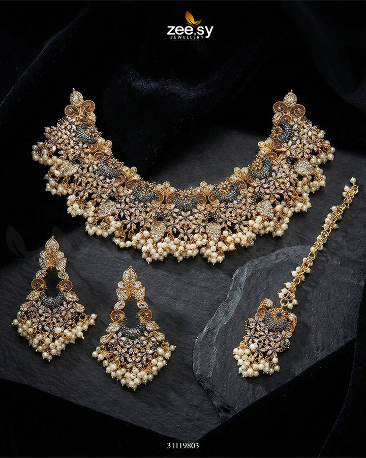 Faiqa's Rhodium Polished Bridal Set Bridal Set - Zeesy Jewellery Pakistan | Premium Artificial & Imitation Jewellery