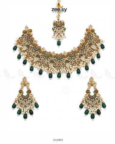 Faiqa's Rhodium Polished Bridal Set Green Bridal Set - Zeesy Jewellery Pakistan | Premium Artificial & Imitation Jewellery