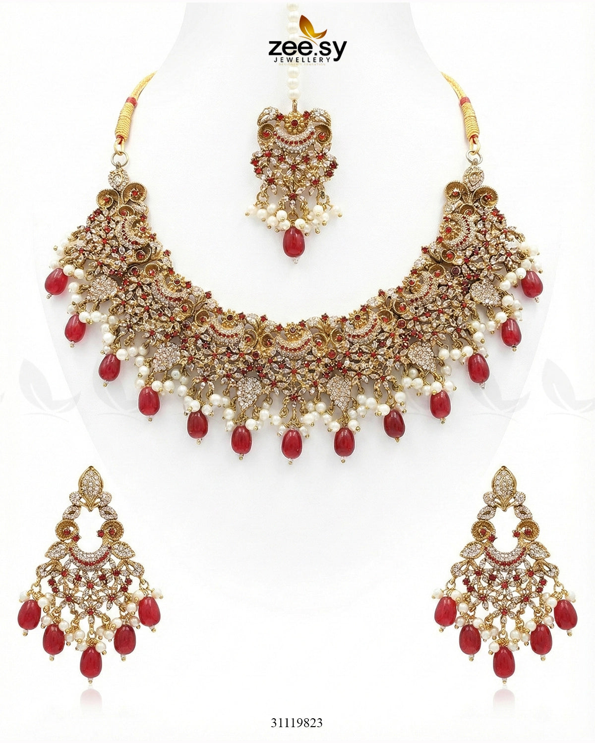 Faiqa's Rhodium Polished Bridal Set Red - Zeesy Jewellery