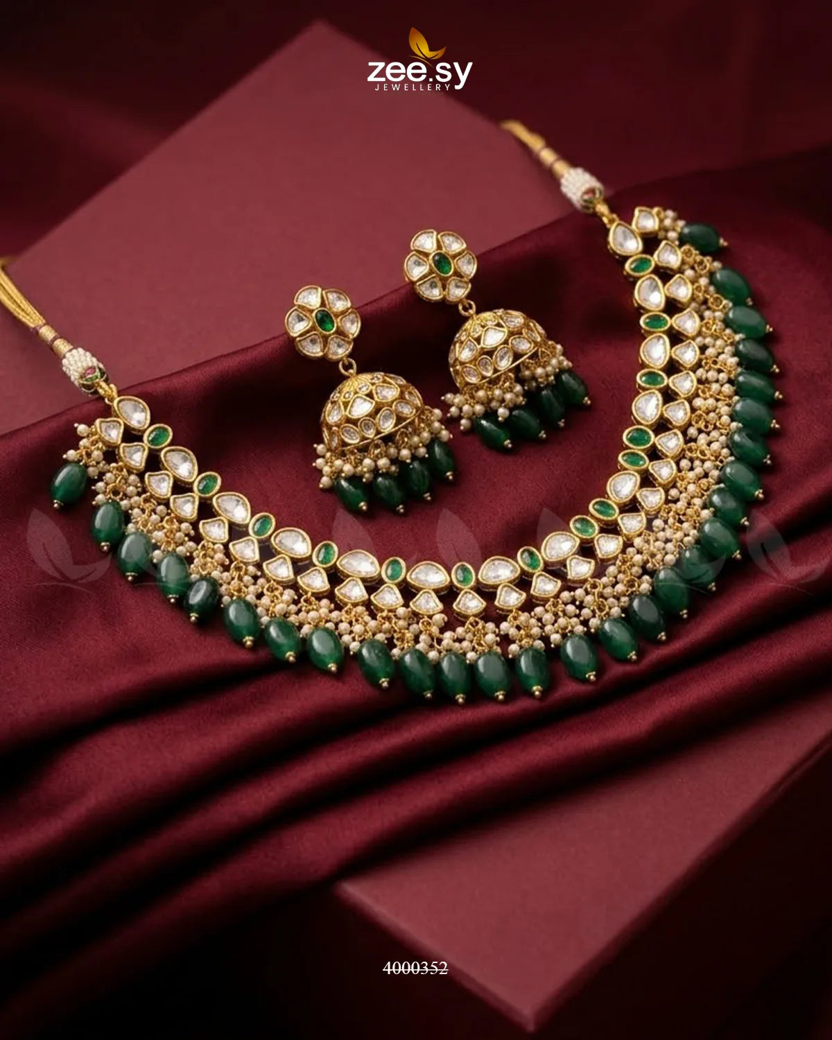 Festive Crimson Bead Necklace Set Golden Green Necklace Sets - Zeesy Jewellery Pakistan | Premium Artificial & Imitation Jewellery