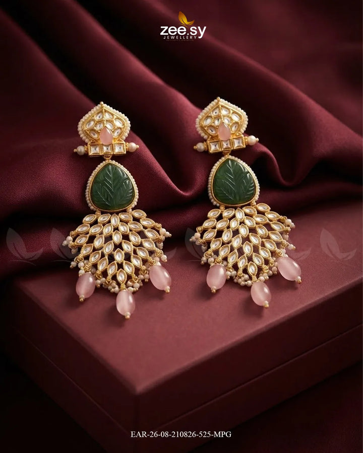 Flora Carved Kundan Earrings Golden Mint Pink Earrings - Zeesy Jewellery Pakistan | Premium Artificial & Imitation Jewellery