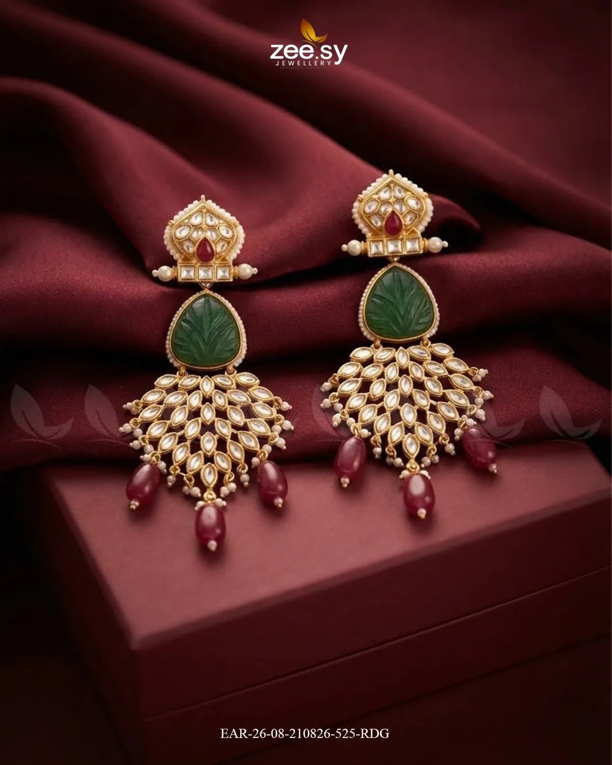 Flora Carved Kundan Earrings Golden Red Earrings - Zeesy Jewellery Pakistan | Premium Artificial & Imitation Jewellery