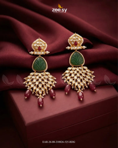 Flora Carved Kundan Earrings Golden Red Earrings - Zeesy Jewellery Pakistan | Premium Artificial & Imitation Jewellery