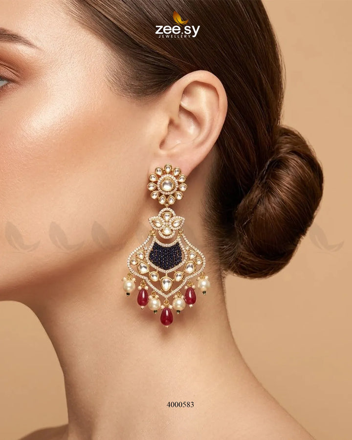 RHS09 floral beads statement dangler earrings in blue and maroon hues