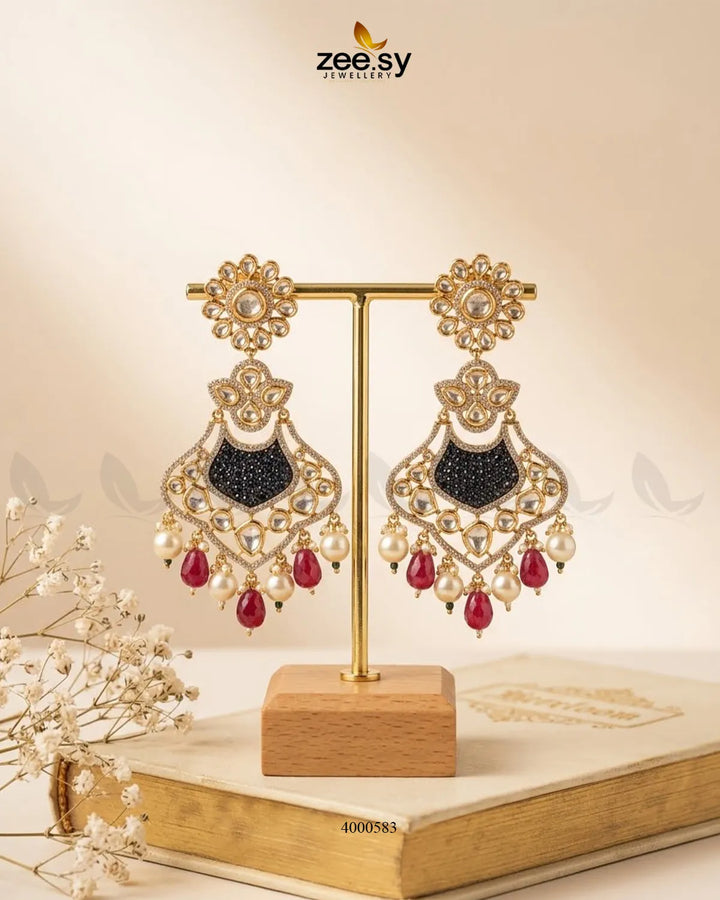 RHS09 floral beads statement dangler earrings in blue and maroon crescent design