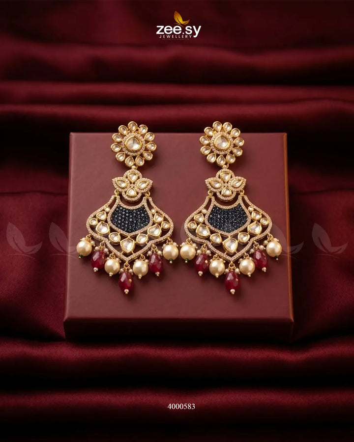 RHS09 floral beads statement dangler earrings in blue and maroon hues