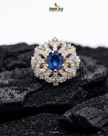 Floral Center Stone Cluster Ring Golden Blue Finger Ring - Zeesy Jewellery Pakistan | Premium Artificial & Imitation Jewellery