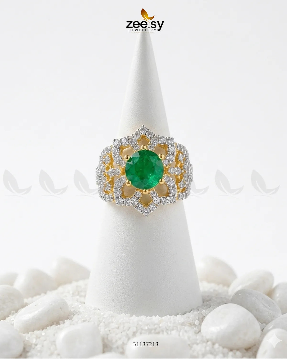 Floral Leaf Crystal Zircon Ring