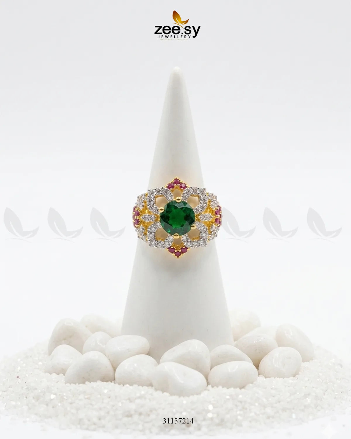 Floral Leaf Crystal Zircon Ring