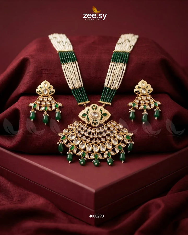 Floral Pearl Drop Malla Set Golden Green Malla Necklace - Zeesy Jewellery Pakistan | Premium Artificial & Imitation Jewellery
