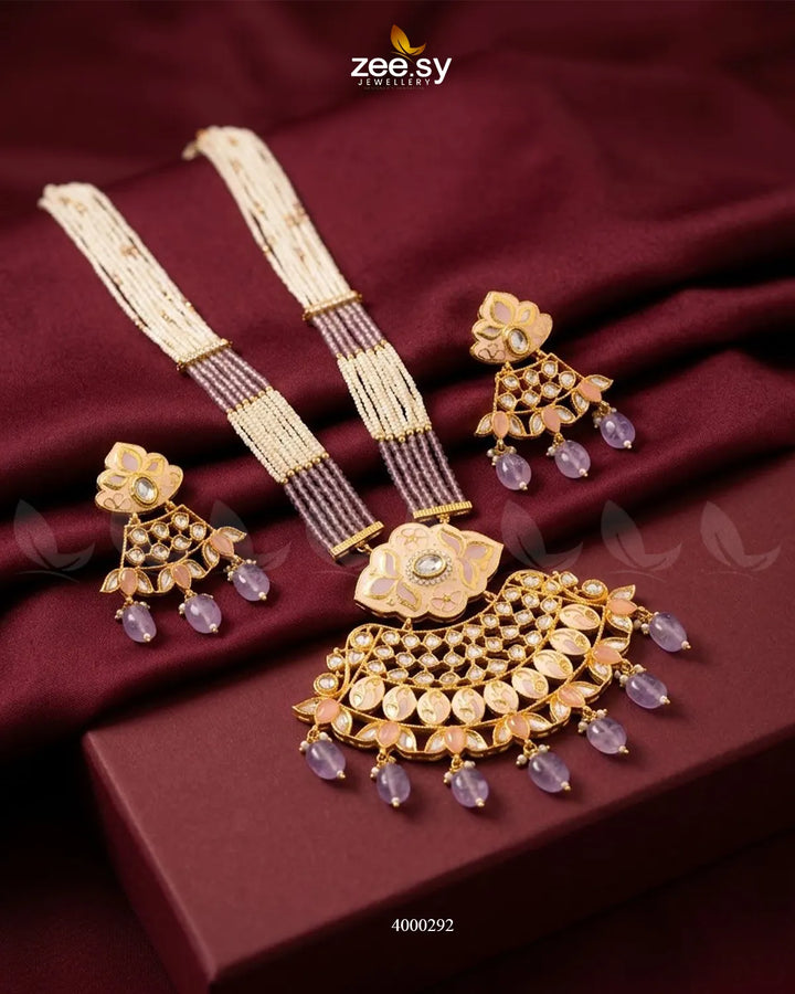 Floral Pearl Drop Malla Set Golden Purple Malla Necklace - Zeesy Jewellery Pakistan | Premium Artificial & Imitation Jewellery