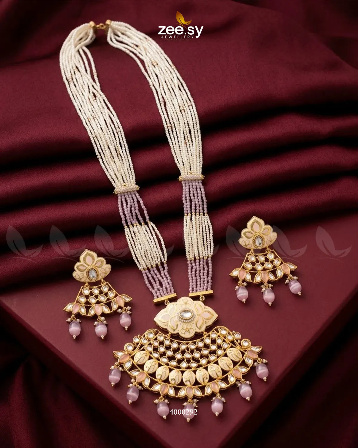 Floral Pearl Drop Malla Set Golden Mint Pink Malla Necklace - Zeesy Jewellery Pakistan | Premium Artificial & Imitation Jewellery