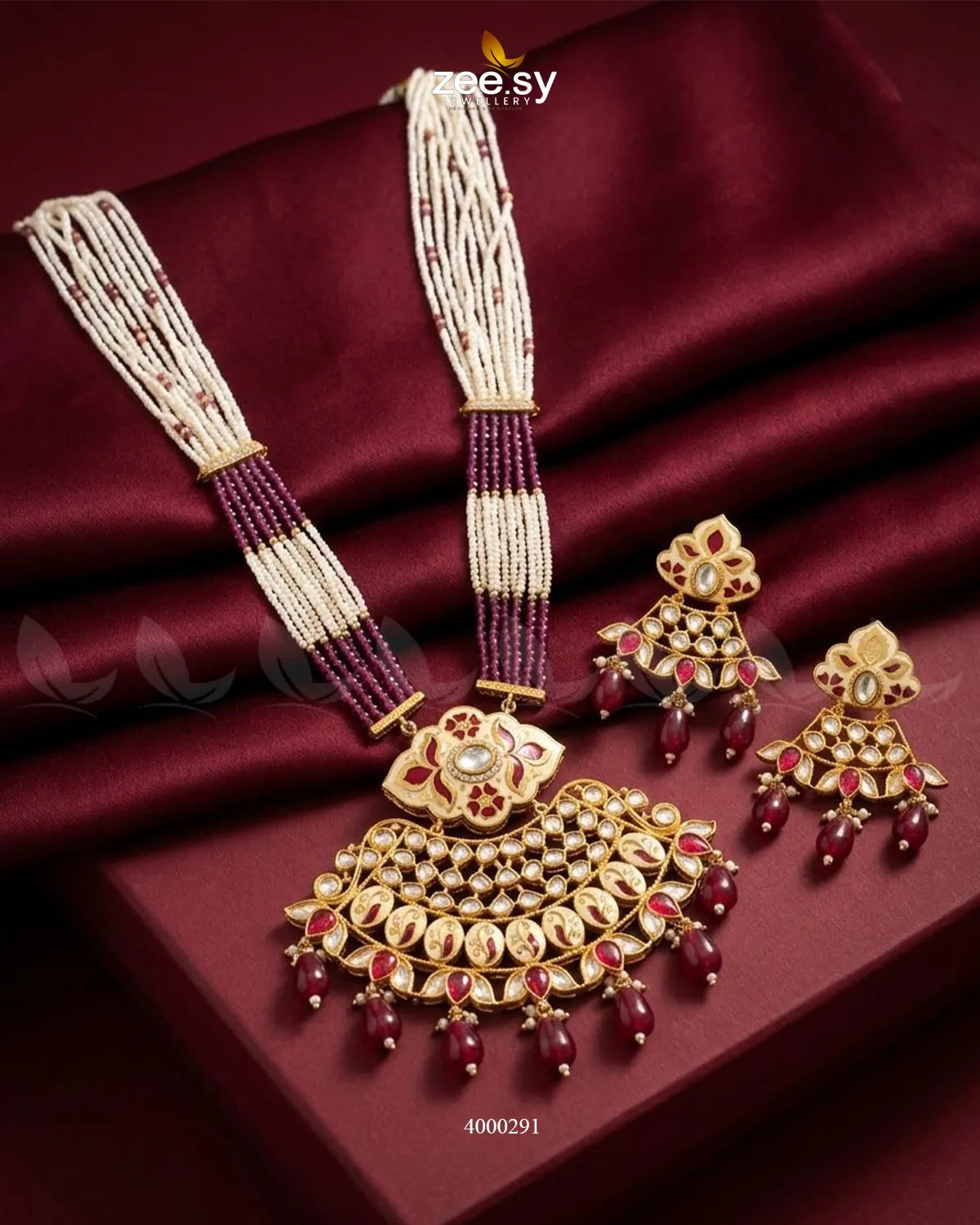 Floral Pearl Drop Malla Set Golden Ruby Malla Necklace - Zeesy Jewellery Pakistan | Premium Artificial & Imitation Jewellery