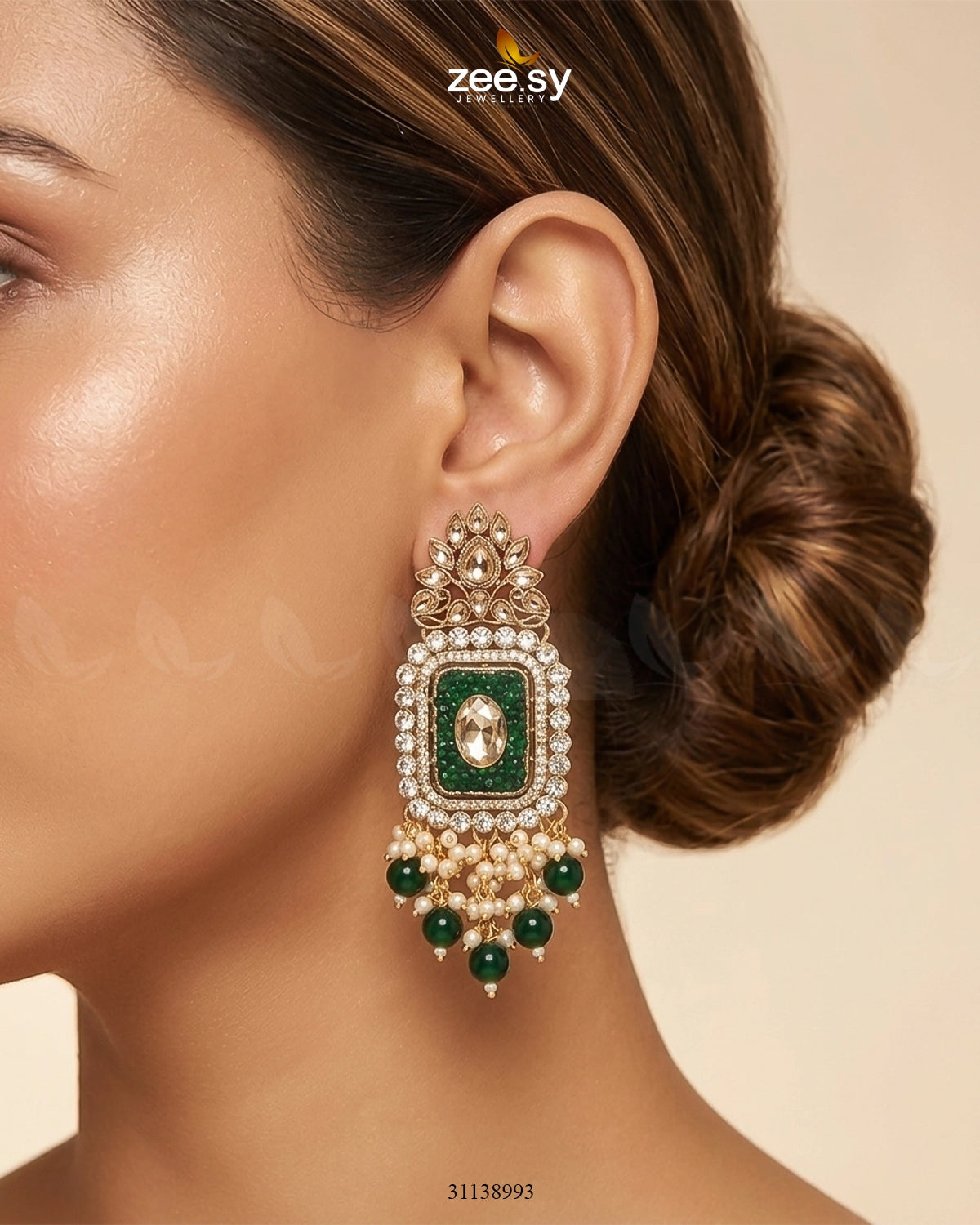 Floral Square Stone Bridal Earrings Golden Green Earrings - Zeesy Jewellery Pakistan | Premium Artificial & Imitation Jewellery