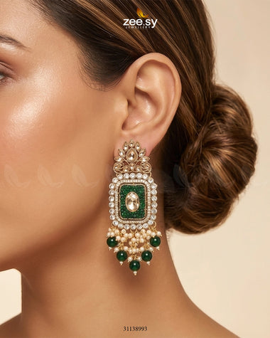 Floral Square Stone Pave Earrings Golden Green Earrings - Zeesy Jewellery Pakistan | Premium Artificial & Imitation Jewellery