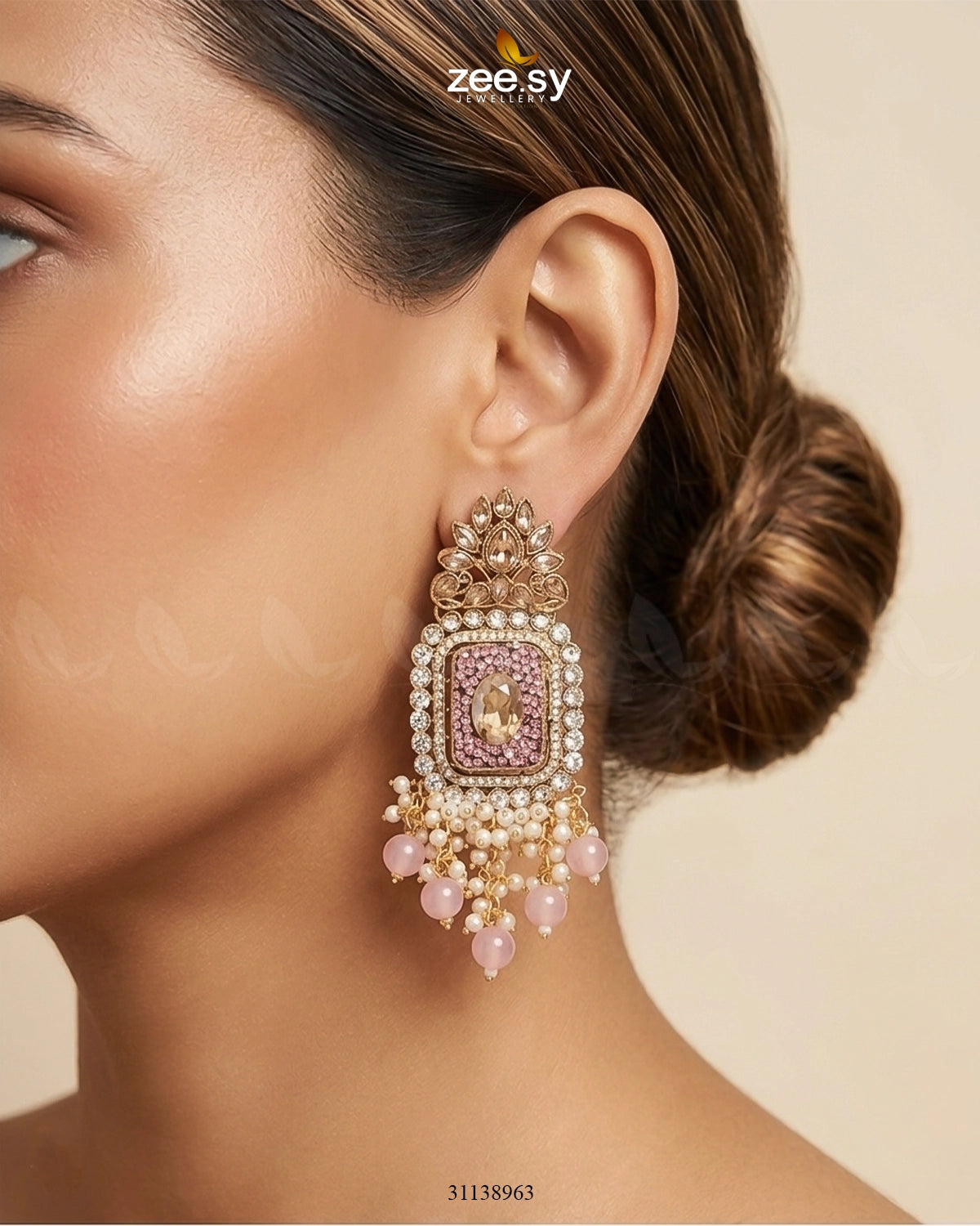 Floral Square Stone Bridal Earrings Golden Mint Pink Earrings - Zeesy Jewellery Pakistan | Premium Artificial & Imitation Jewellery