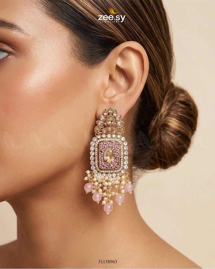 Floral Square Stone Pave Earrings Golden Mint Pink Earrings - Zeesy Jewellery Pakistan | Premium Artificial & Imitation Jewellery