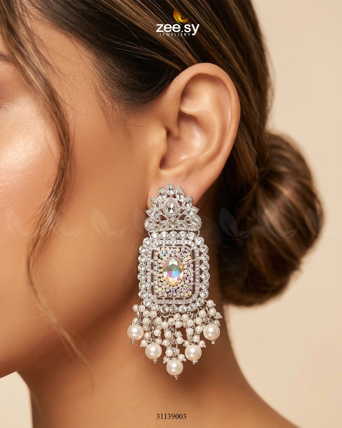 Floral Square Stone Bridal Earrings Silver White Earrings - Zeesy Jewellery Pakistan | Premium Artificial & Imitation Jewellery