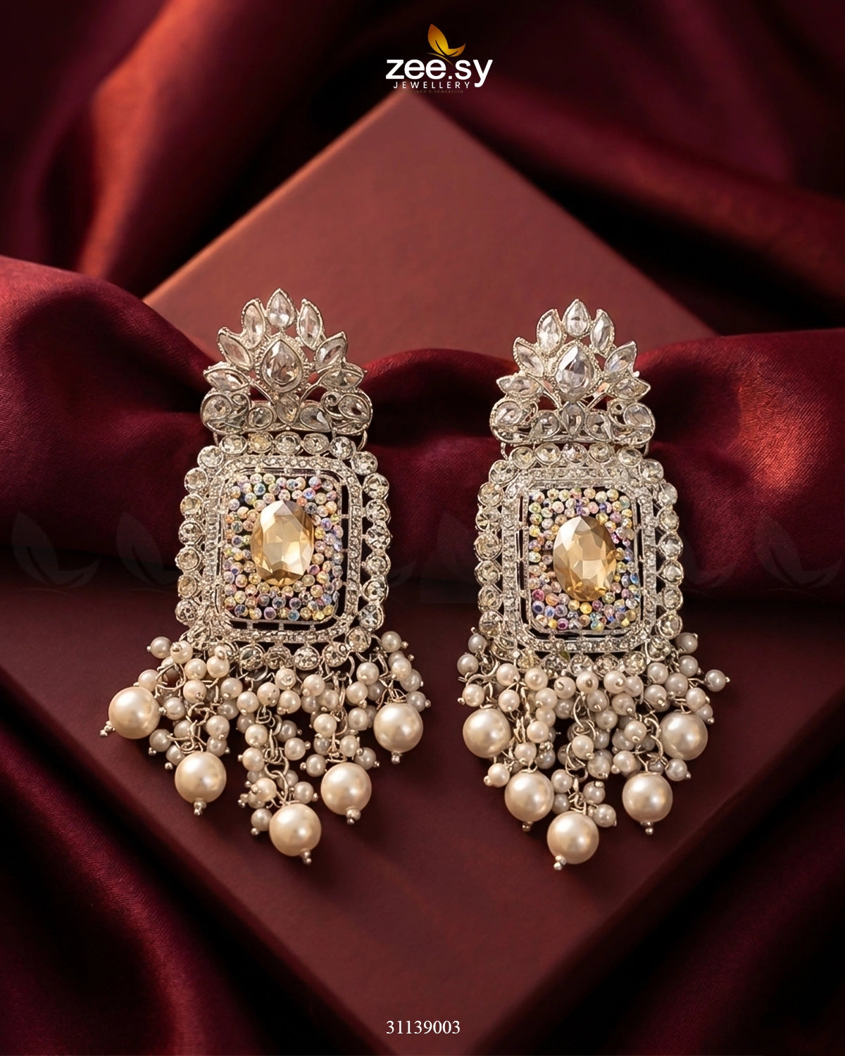 Floral Square Stone Bridal Earrings Earrings - Zeesy Jewellery Pakistan | Premium Artificial & Imitation Jewellery