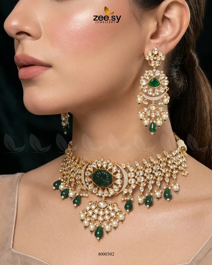 Floral Stone Kundan Choker Set Choker Set - Zeesy Jewellery Pakistan | Premium Artificial & Imitation Jewellery