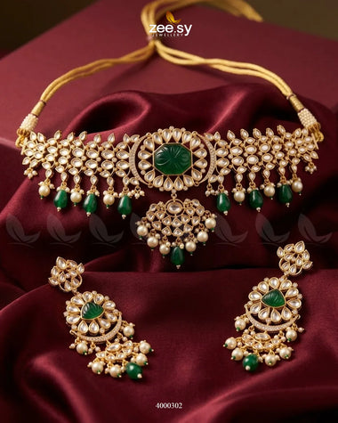 Floral Stone Kundan Choker Set Golden Green Choker Set - Zeesy Jewellery Pakistan | Premium Artificial & Imitation Jewellery