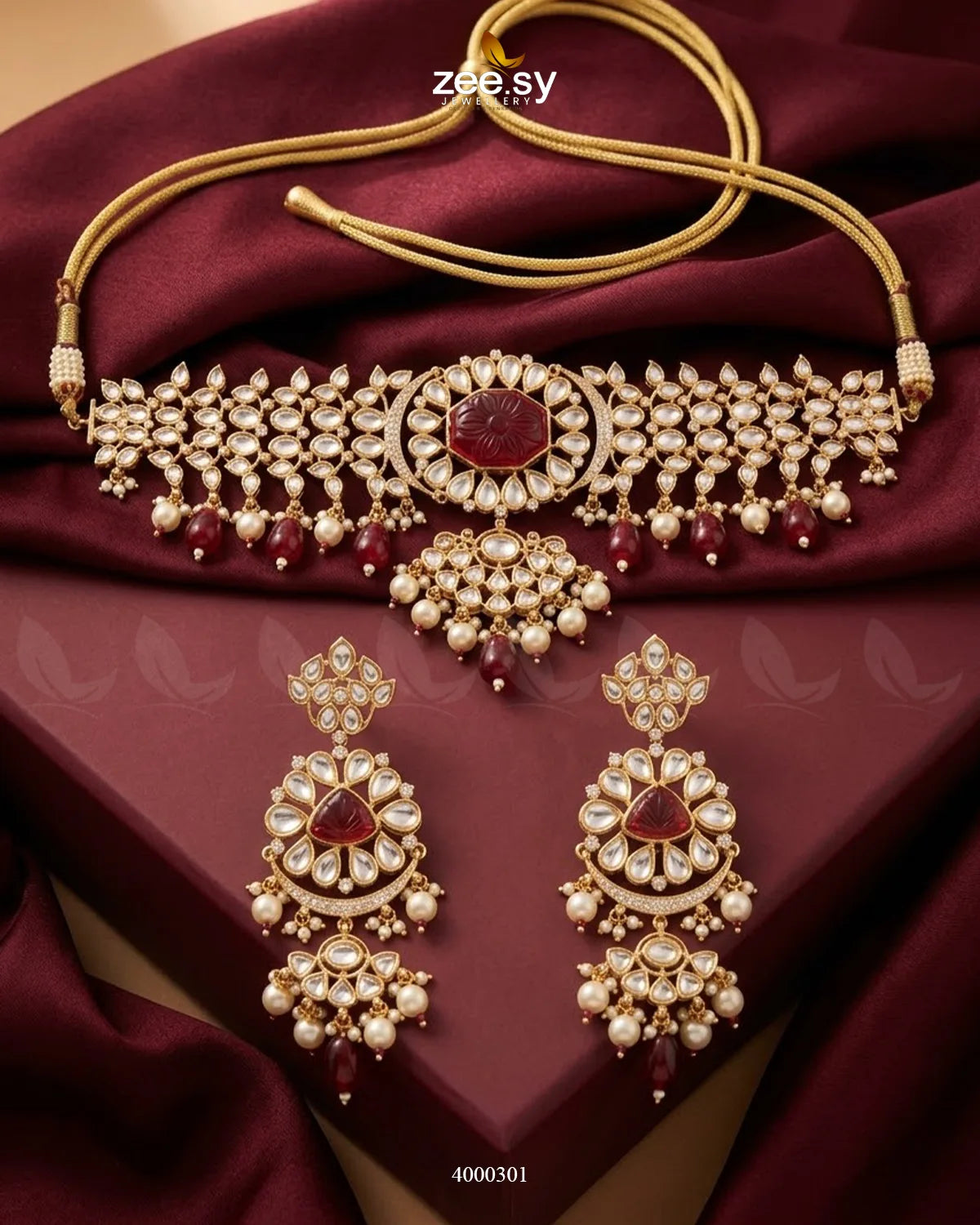 Floral Stone Kundan Choker Set Golden Red Choker Set - Zeesy Jewellery Pakistan | Premium Artificial & Imitation Jewellery