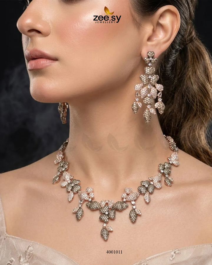 RHS09 Floral Vine Zirconia necklace set in black, rose, and champagne tones