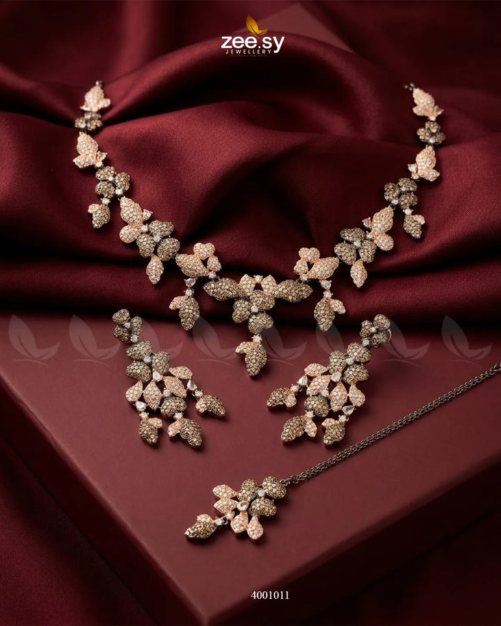 RHS09 Floral Vine Zirconia Necklace Set in black, rose, and champagne tones