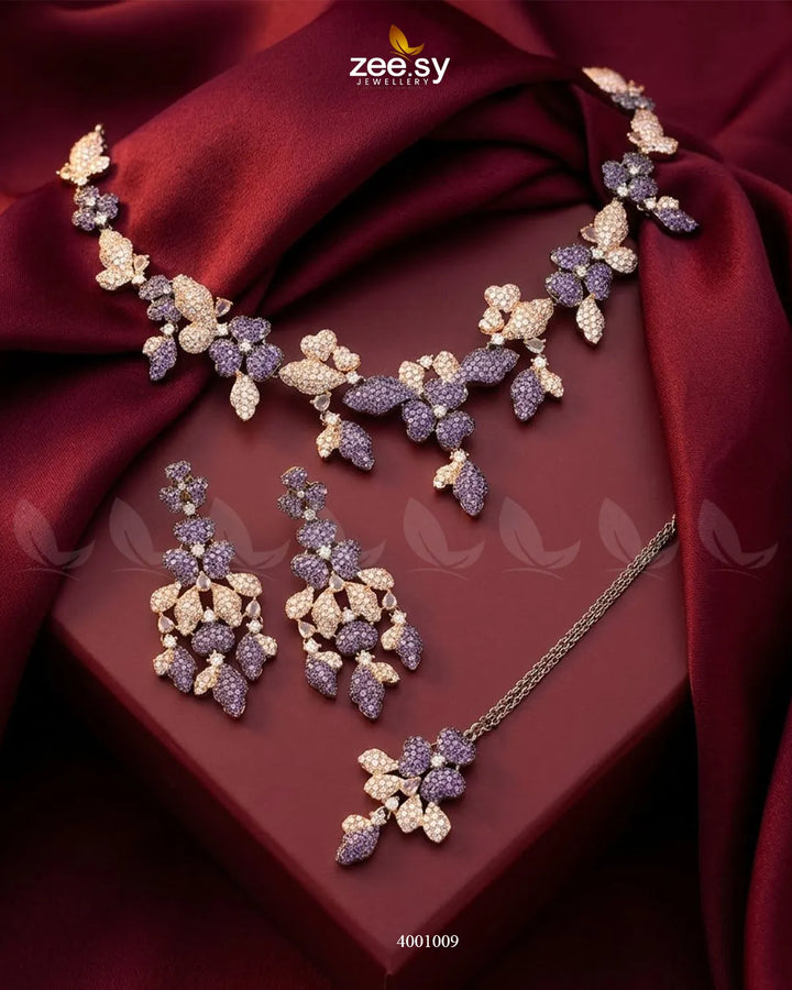 RHS09 Floral Vine Zirconia Necklace Set in black, rose, and purple floral design