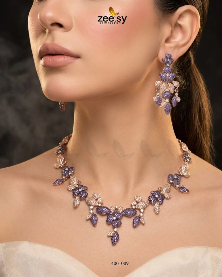 RHS09 Floral Vine Zirconia Necklace Set in black, rose, and purple floral design