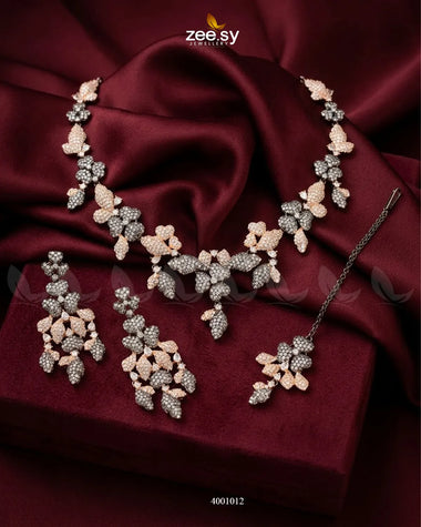 RHS09 floral vine zirconia necklace set in black, rose, and white tones
